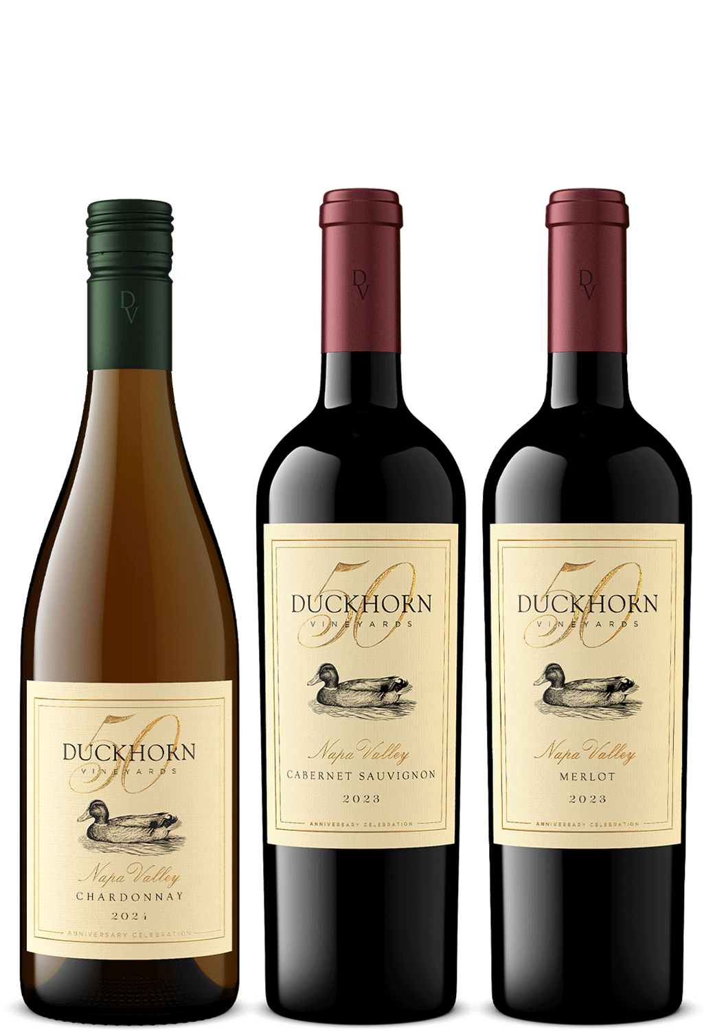 Three Duckhorn 50 Years wine bottles arranged side by side on a white background: Chardonnay with a green capsule, Cabernet Sauvignon with a burgundy capsule, and Merlot with a burgundy capsule.