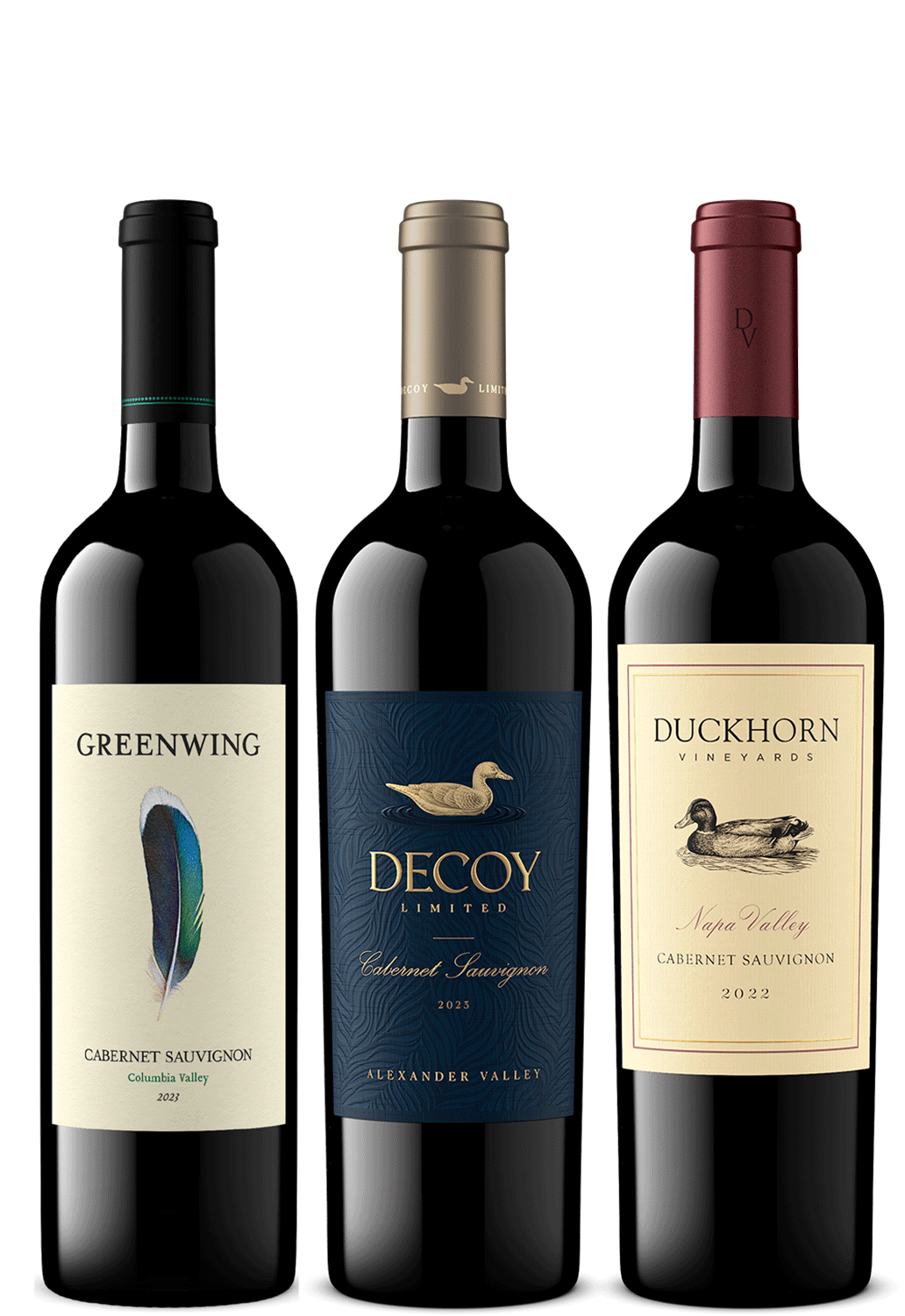 Three wine bottles from The Duckhorn Collection lined up against a white background: Greenwing Cabernet Sauvignon, Decoy Limited Cabernet Sauvignon, and Duckhorn Cabernet Sauvignon.