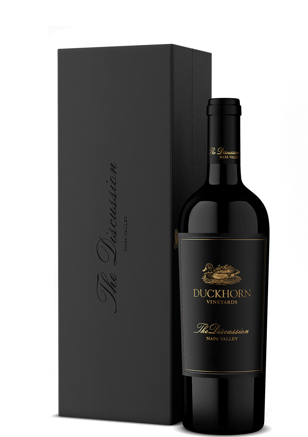 A bottle of Duckhorn Vineyards The Discussion Napa Valley red wine stands next to its tall black presentation box on a clean white background.