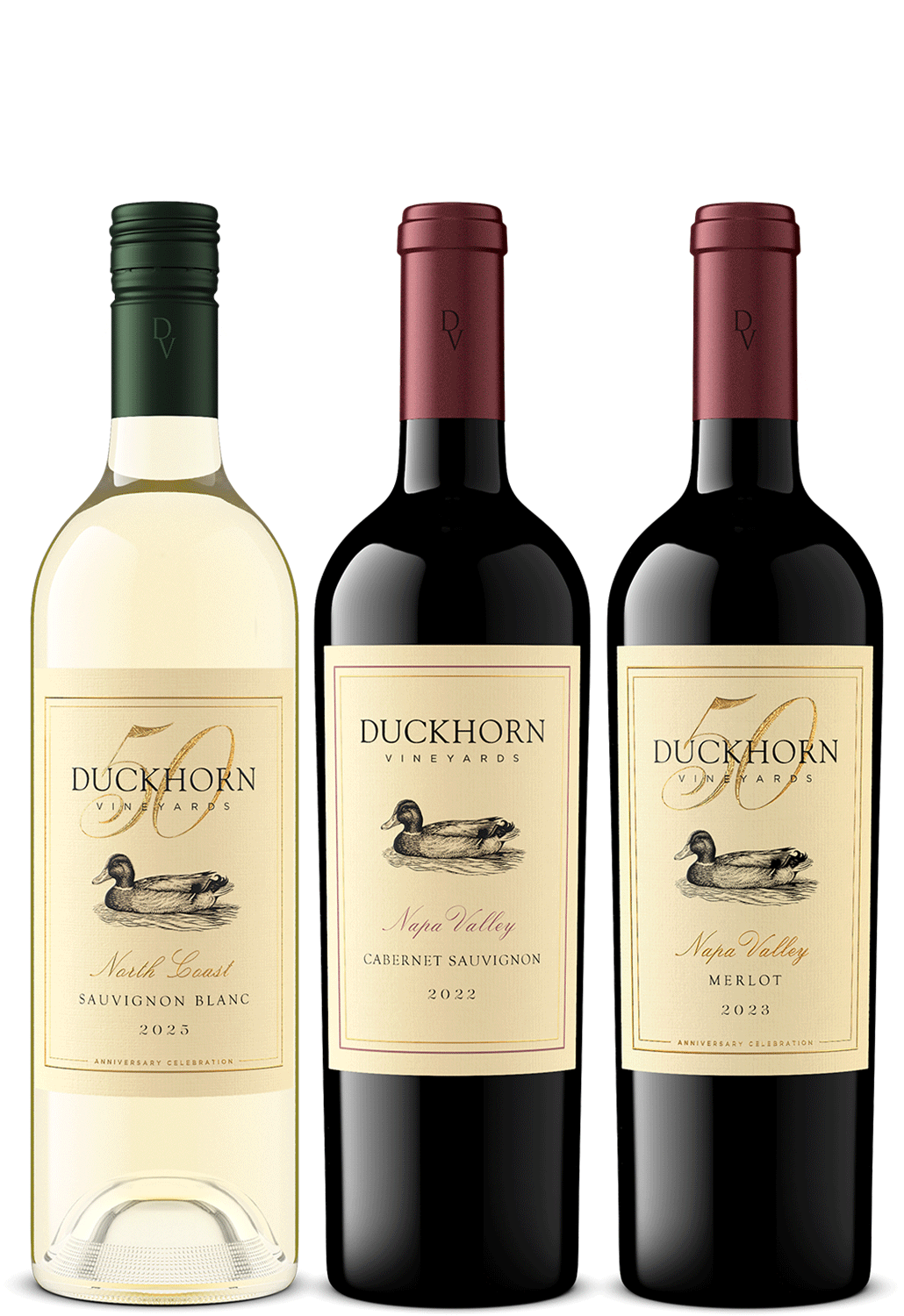 Three Duckhorn Vineyards wine bottles arranged side by side on a white background: a pale Sauvignon Blanc on the left, a dark Cabernet Sauvignon in the center, and a dark Merlot on the right. 