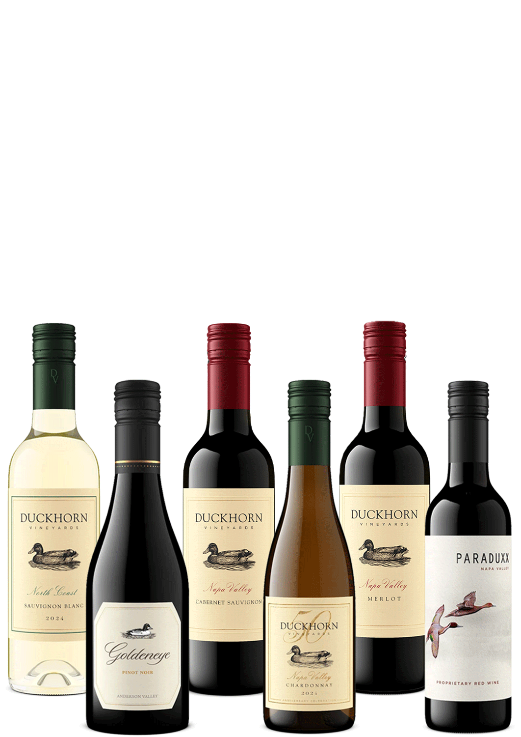 Six Duckhorn Winery wine bottles arranged in a row against a plain white background.