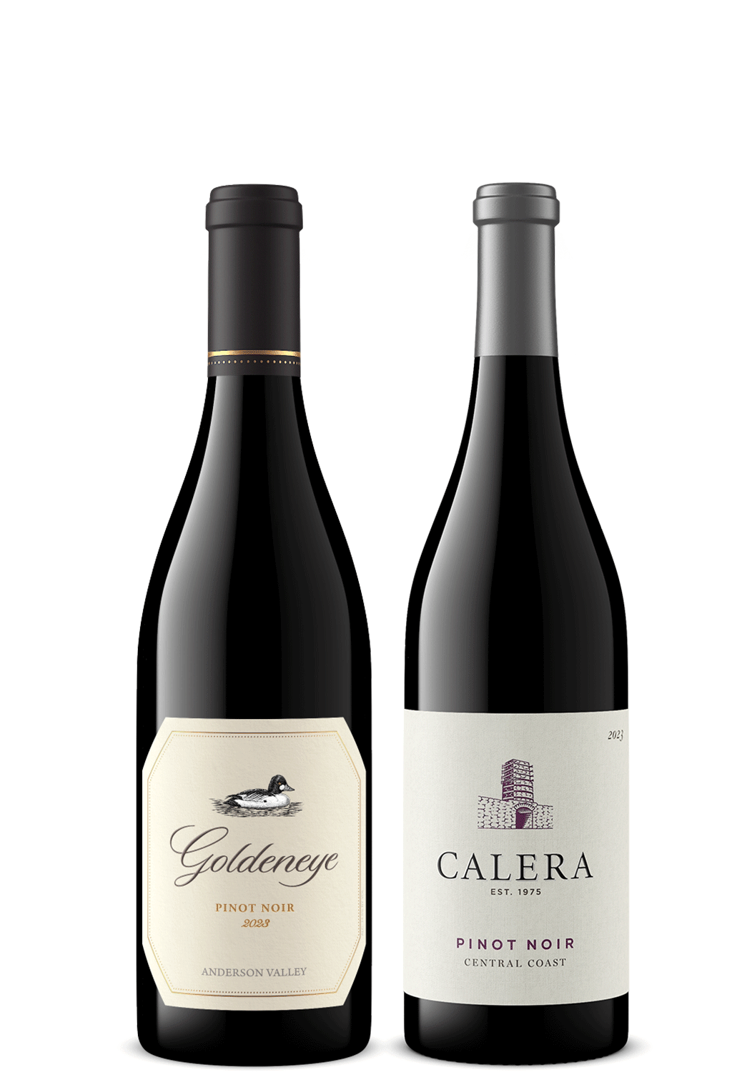 Two dark glass wine bottles on a plain white background, side by side. The left bottle has a cream label reading Goldeneye Pinot Noir, and the right bottle has a white label reading Calera Central Coast Pinot Noir.